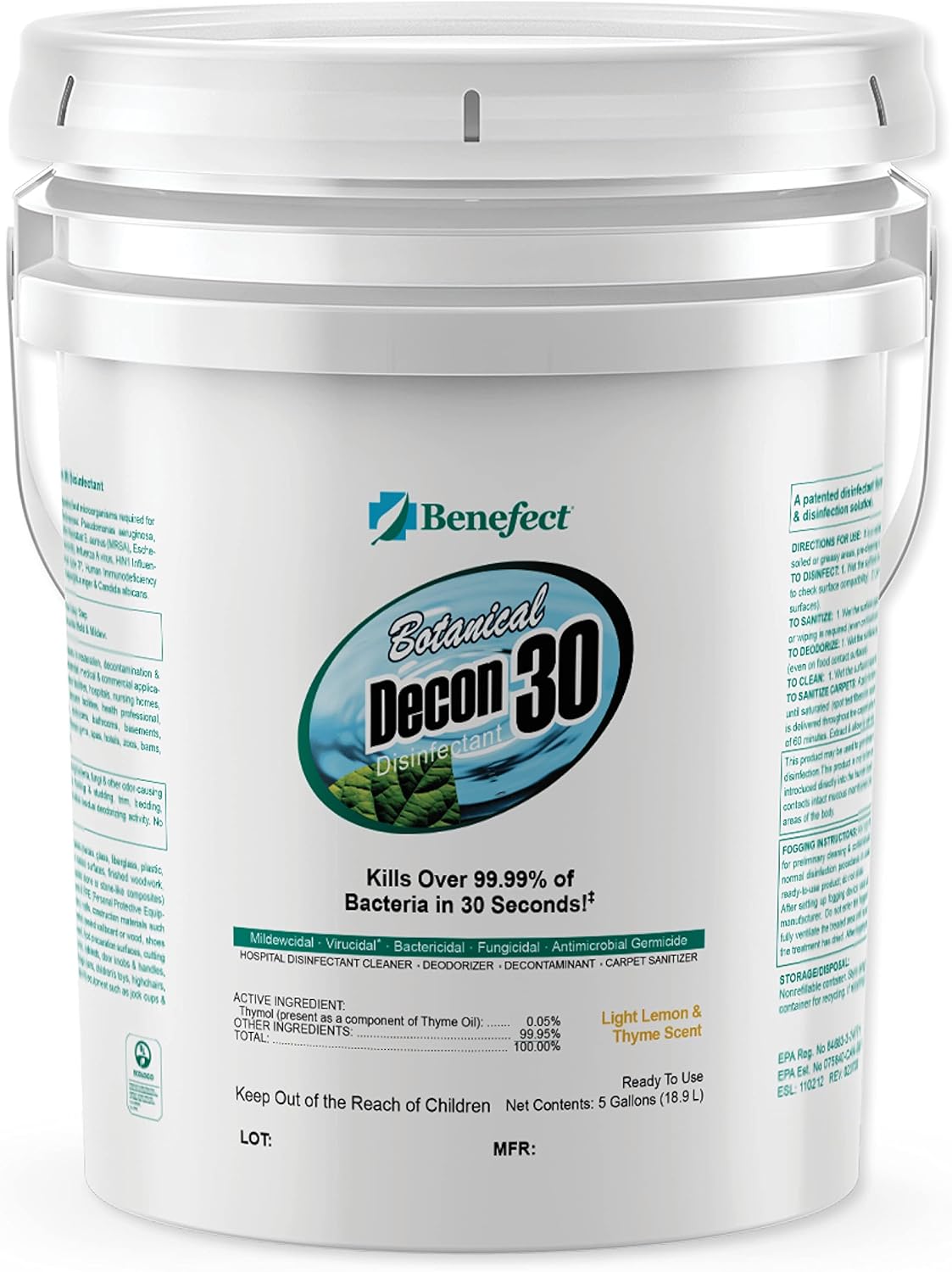 Benefect Botanical Decon 30 Disinfectant Cleaner, 5 Gallon, Light Lemon & Thyme Scent, Hospital