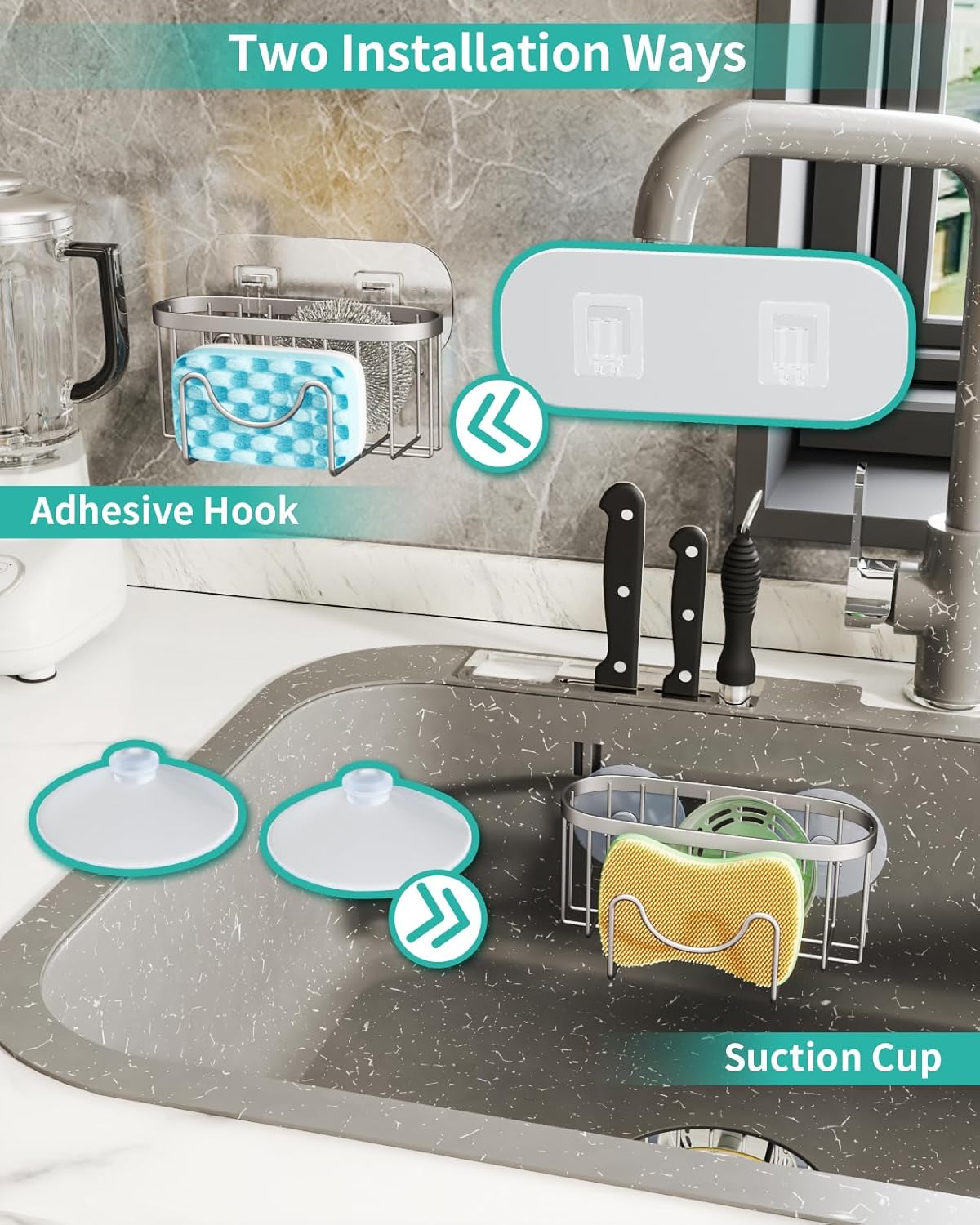 HapiRm Multifunctional Kitchen Sponge Holder with Unique M-Shaped, 2 Installation Ways Sink Caddy
