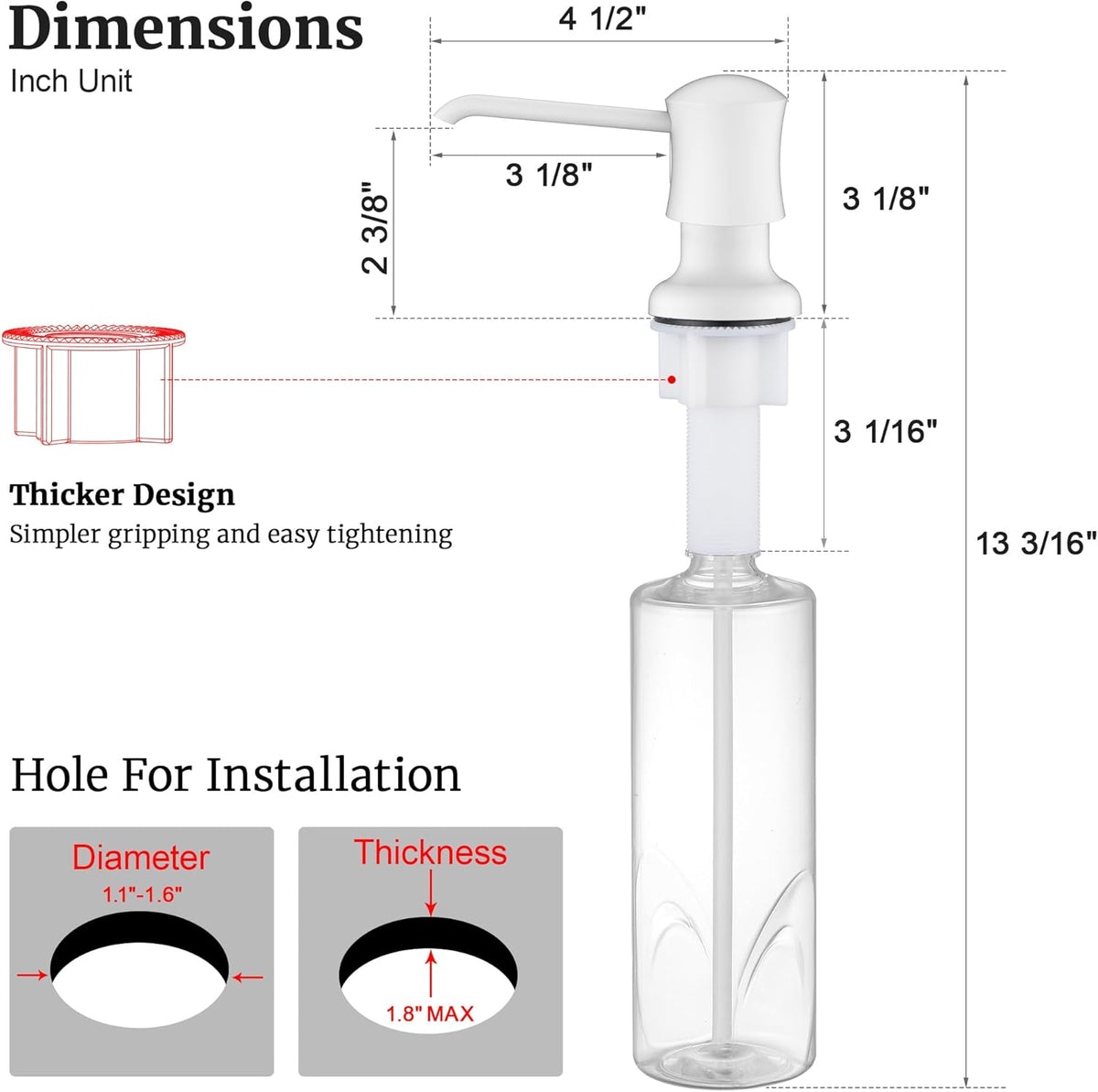 White Sink Soap Dispenser for Kitchen Sink (White), Built-in and Refill-from-Top Design with Liquid