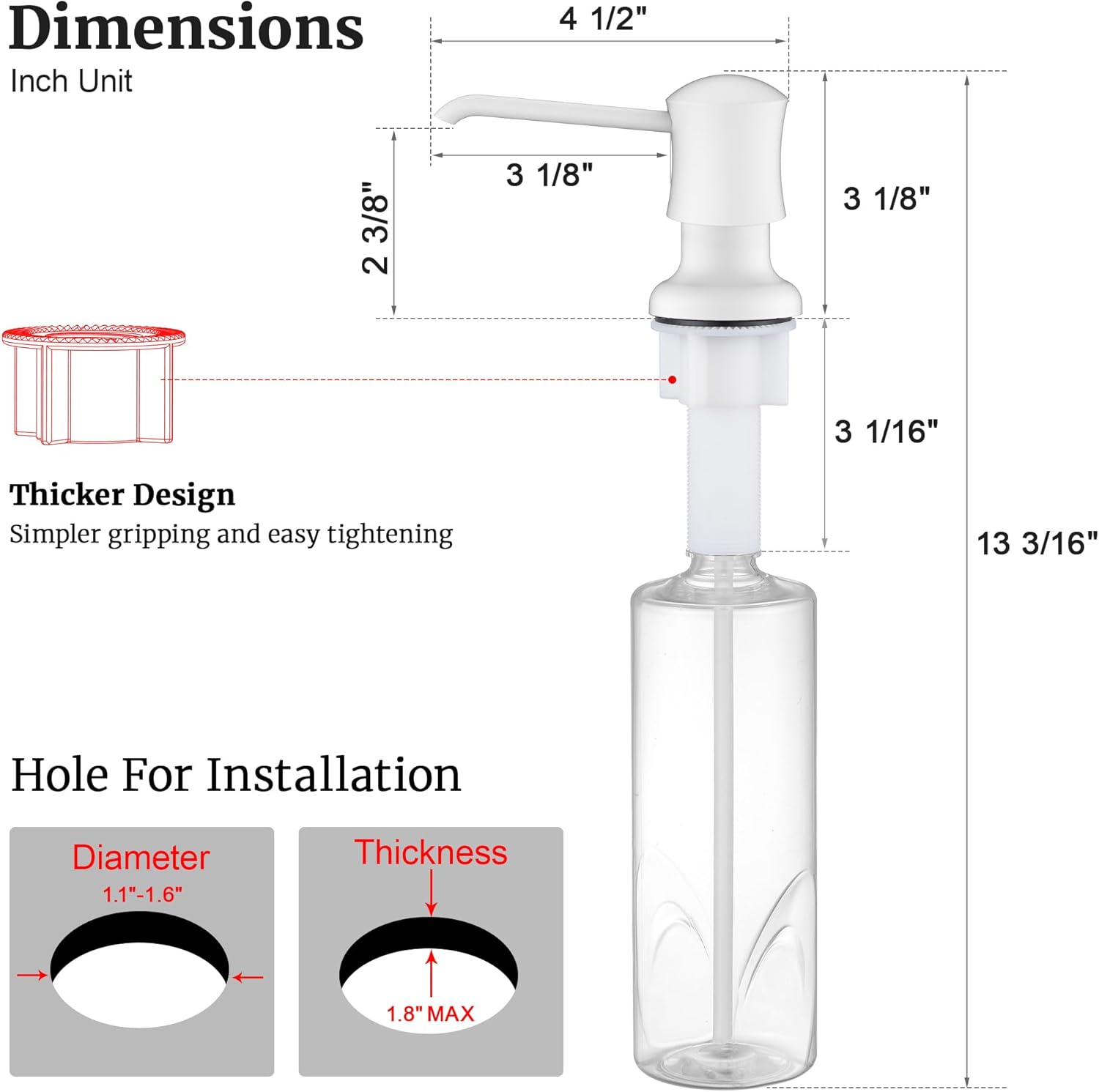 White Sink Soap Dispenser for Kitchen Sink (White), Built-in and Refill-from-Top Design with Liquid