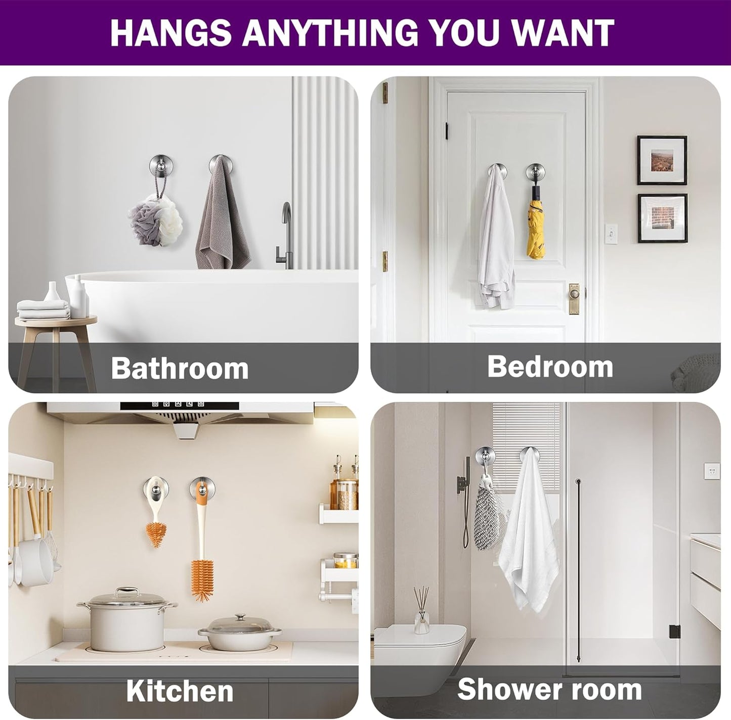 JOMOLA Brushed Stainless Steel Shower & Bathroom Hooks - No Drill Adhesive-Free Suction Cup