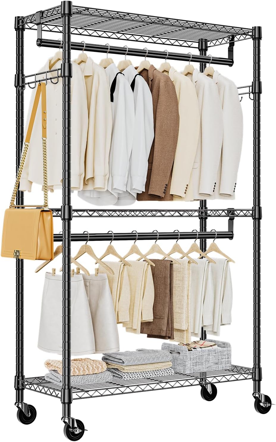 Heavy Duty Rolling Garment Rack 3 Tiers Adjustable Wire Shelving Clothes Rack with 2 Rods and Side