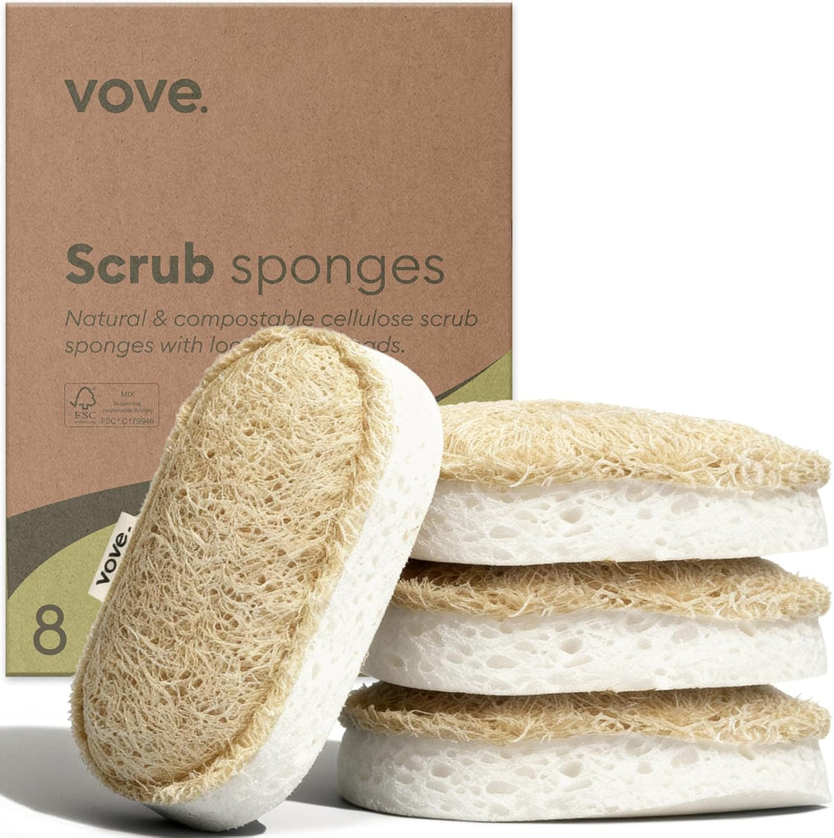 Vove Washing Up Sponges, Pack of 8 - Loofah & Cellulose Sponge with Cotton, Natural Eco-Friendly