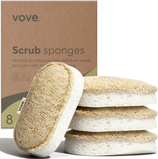 Vove Washing Up Sponges, Pack of 8 - Loofah & Cellulose Sponge with Cotton, Natural Eco-Friendly