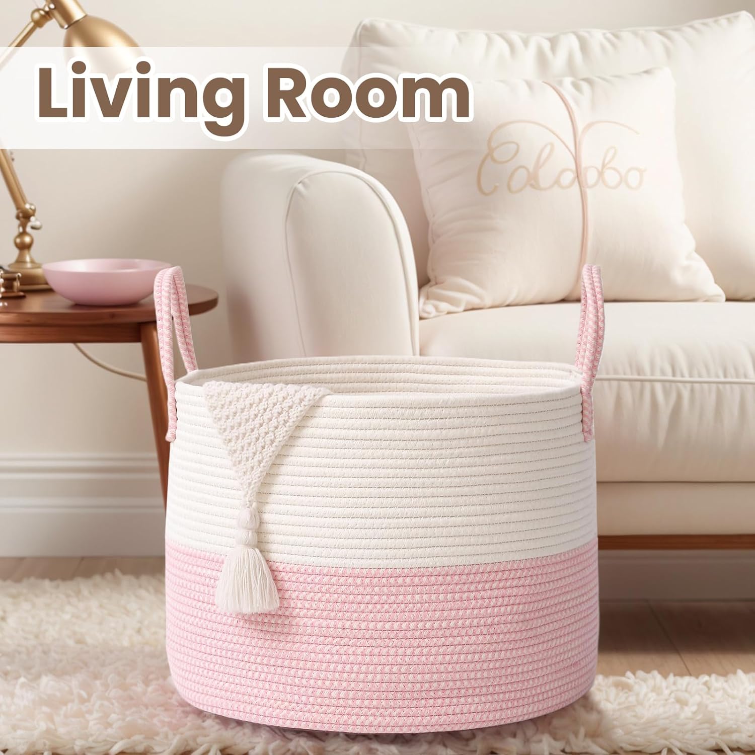 Woven Blanket Basket,65L Large Rope Storage Bin with Handles, Organizer for Blankets Toys Book and