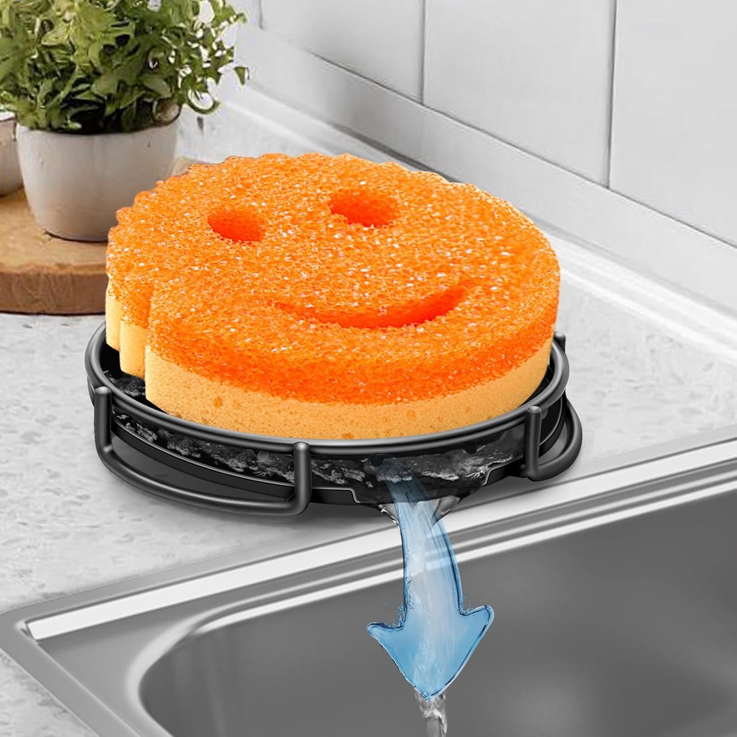 Stainless Steel Smiley Face Dish Sponge Holder, Black Sink Caddy for Kitchen Countertop, Soap Bar