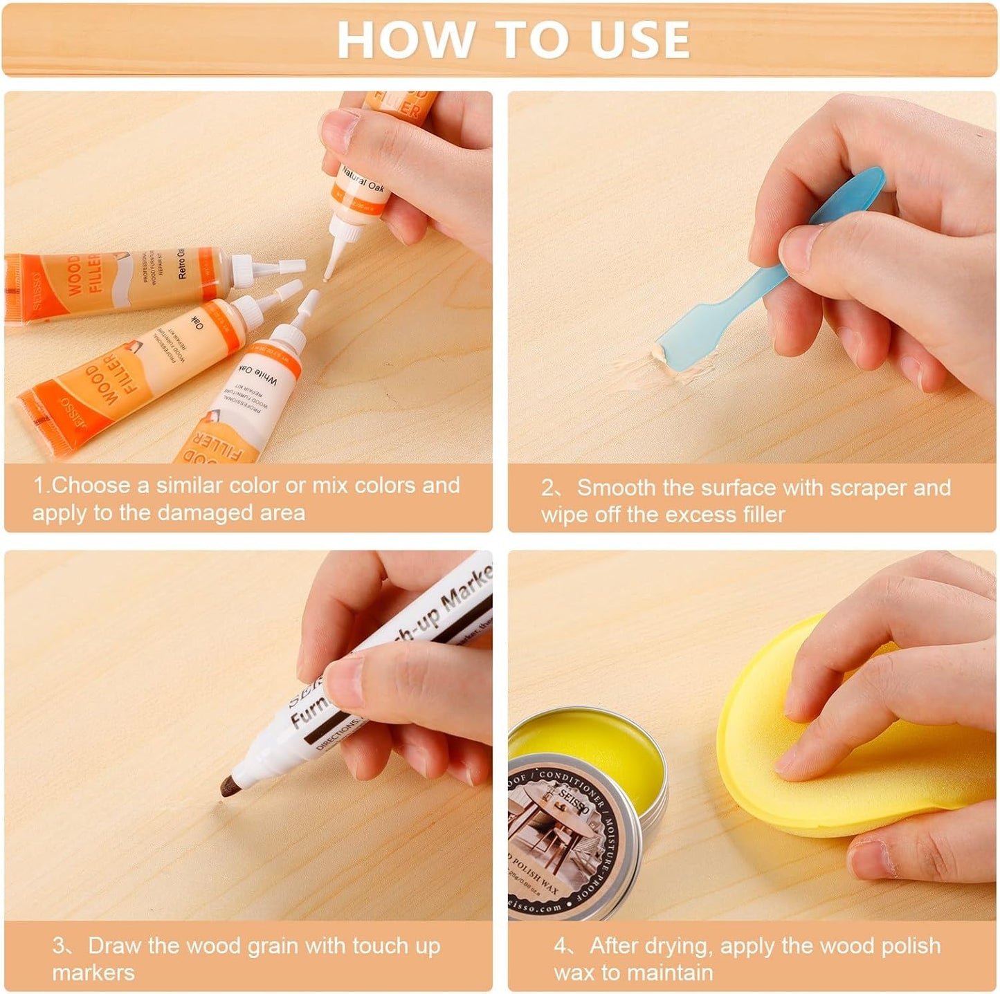 Wood Furniture Repair Kit - 6 Oak Color Wood Fillers with 6 Touch Up Markers and Wood Polish Wax