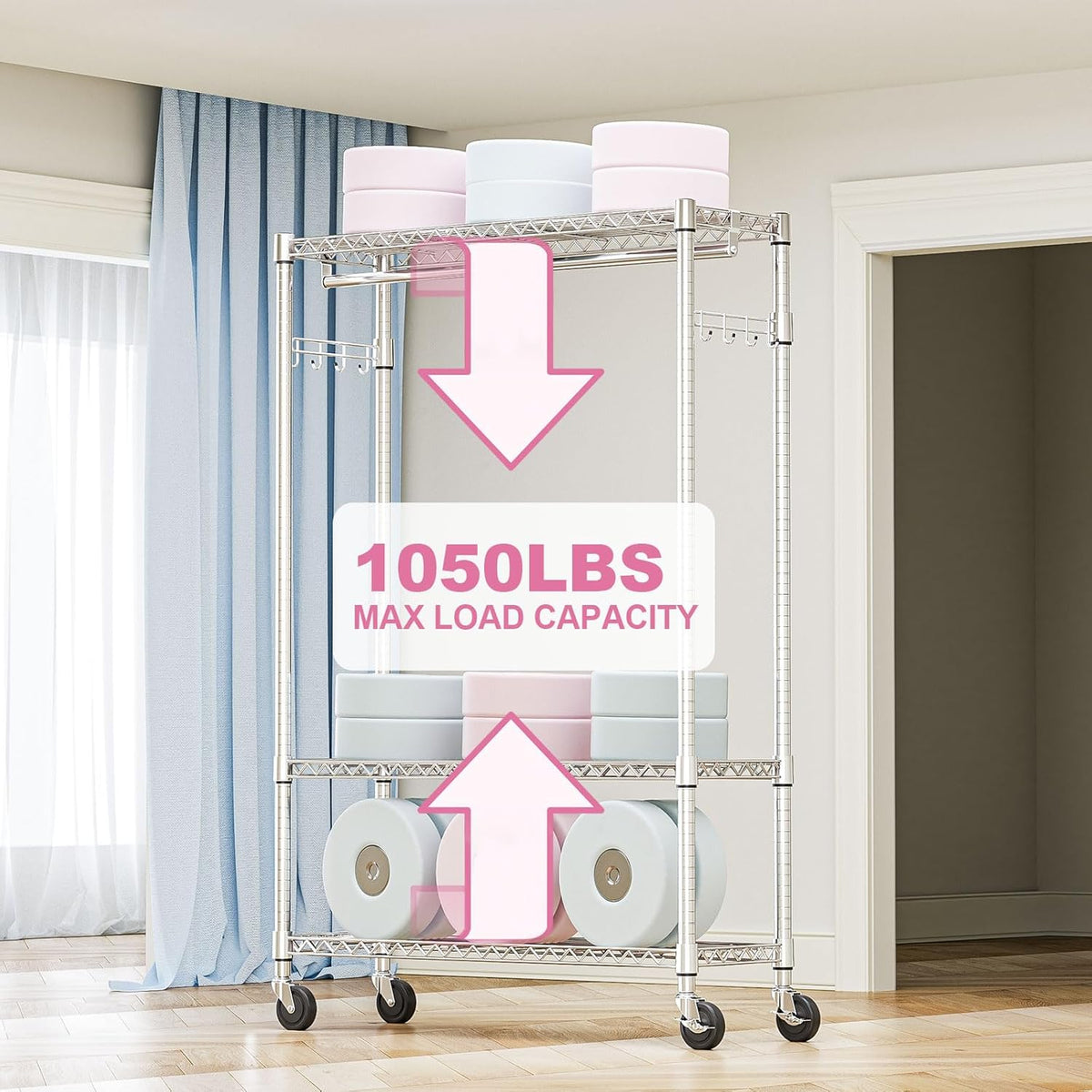 Heavy Duty Rolling Garment Rack 3 Tiers Adjustable Wire Shelving Clothes Rack with 1 Rods and Side