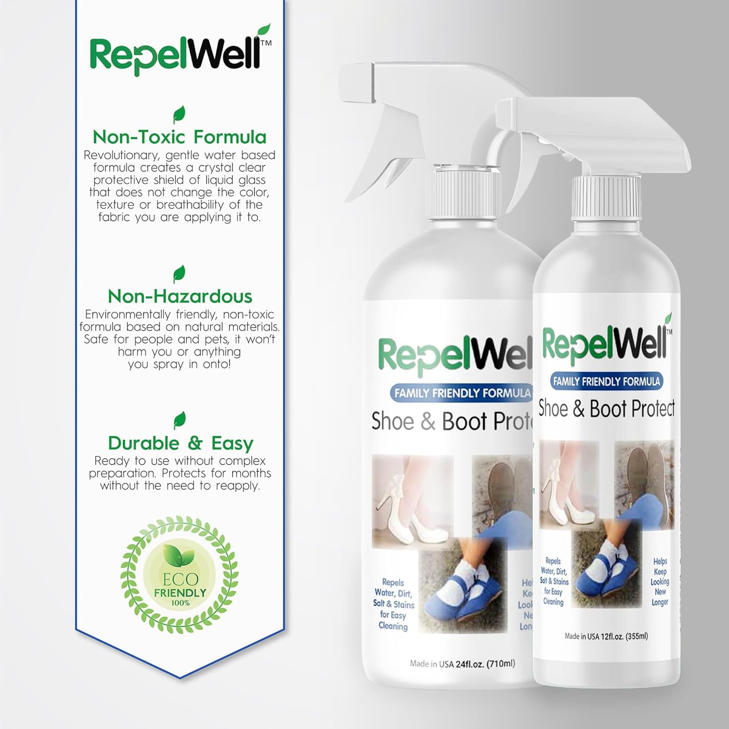 Shoe & Boot Stain & Water Repellent (12oz) Eco-Friendly, Pet-Safe Spray Keeps Fabric, Leather &