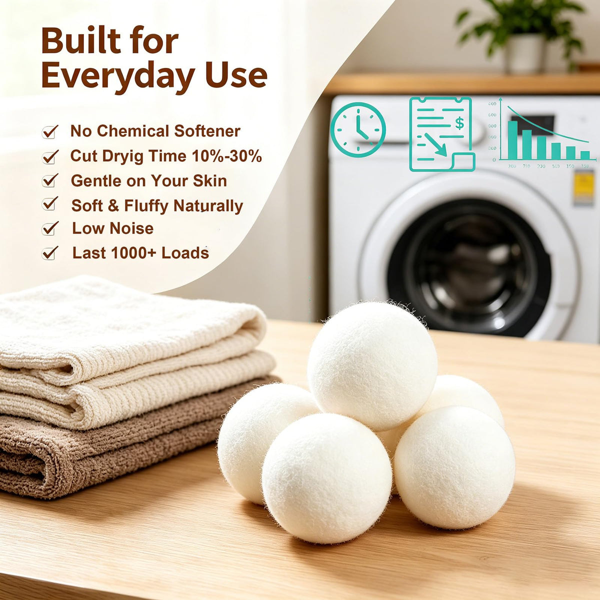 LEVIBASIC Wool Dryer Balls 6 Pack, 100% New Zealand Wool to Core