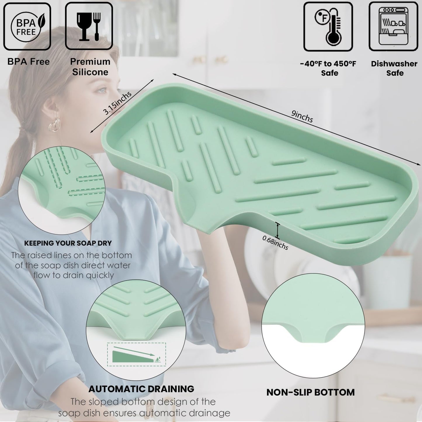 YASMEN Silicone Bathroom Soap Dishes, Sink Sponge Holder for Kitchen, Rubber Soap Dish with Drain