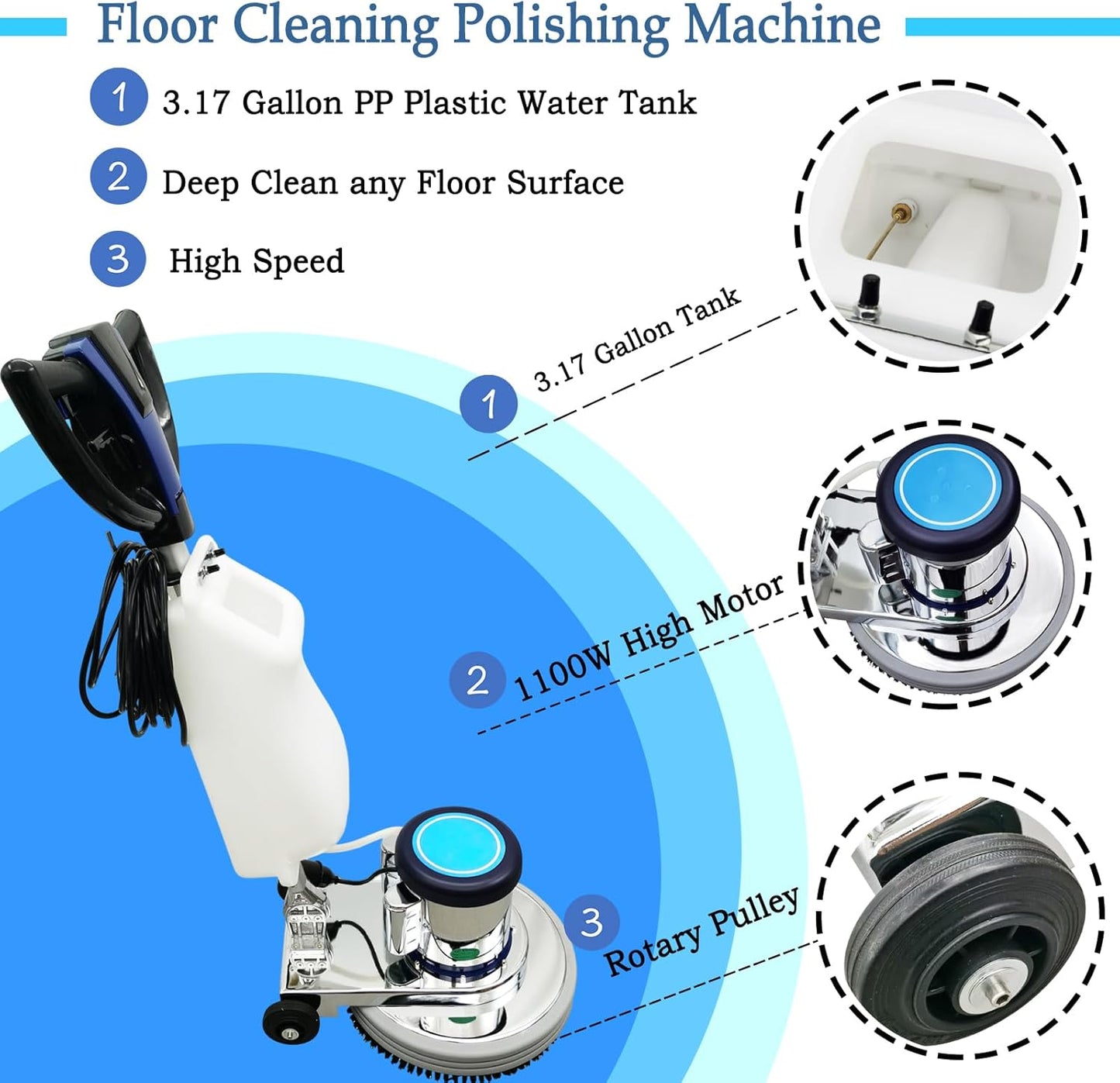 18" Commercial Floor Scrubber & Polisher Heavy Duty Multi-Surface Buffer Cleaner for Wood, Tile