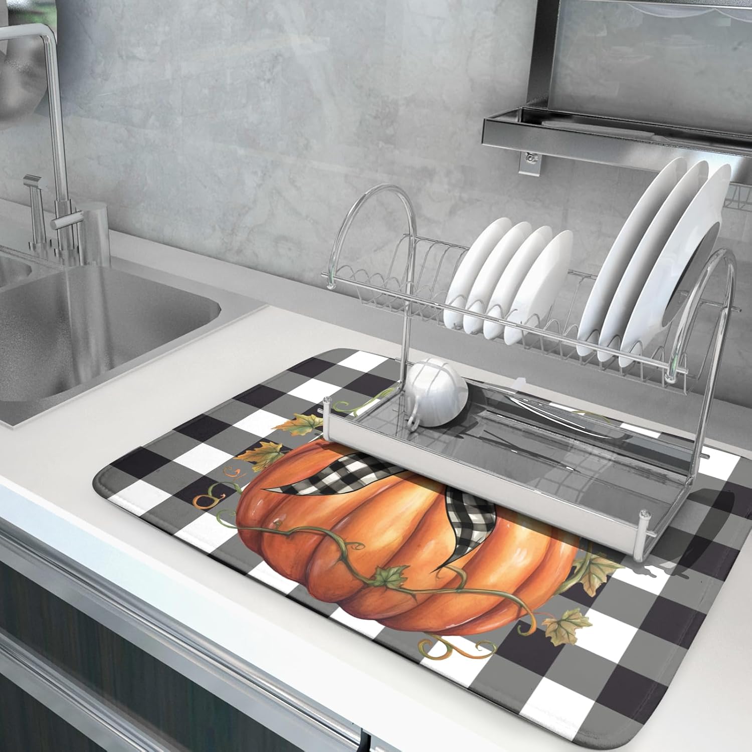 Fall Drying Mats for Kitchen Counter Fall Pumpkin Dish Drying Mat 18 x 24 Inch Autumn Black White