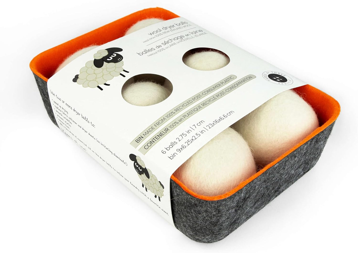 Three by Three Seattle Felt·Like·it!™ Wool Dryer Balls + Storage Bin: Reduce Drying Time, Static