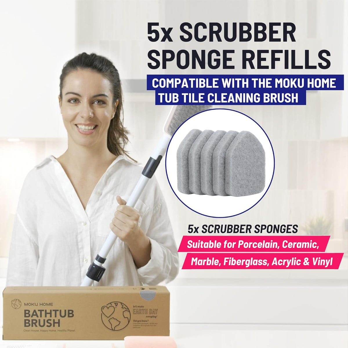 Replacement Scrubber Refill for Moku Home Extendable Tub Tile Shower Brush for Cleaning Non-Scratch