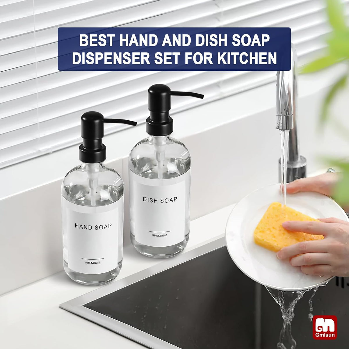 GMISUN Glass Soap Dispenser with Pump, 2 Pack Clear Bathroom Hand Soap Dispenser with Stainless
