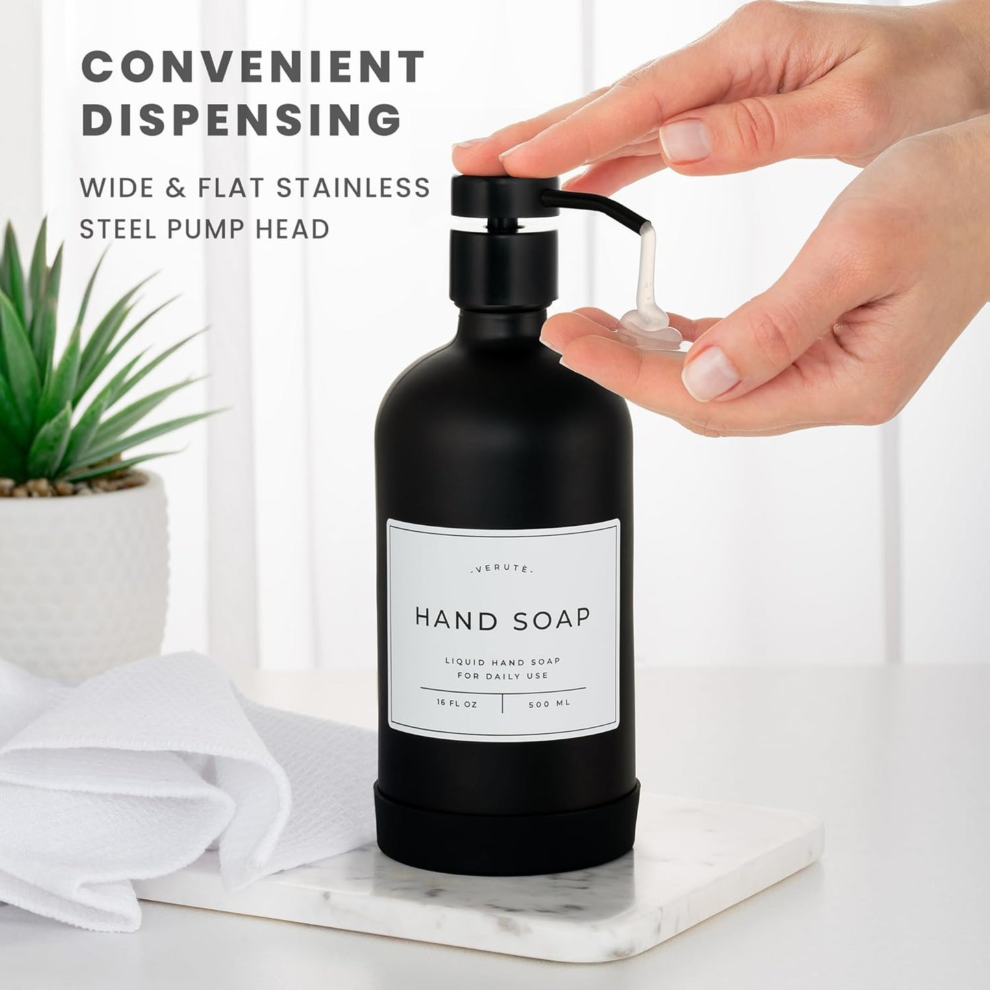 16oz Glass Soap Dispenser with Stainless Steel Pump, 21 Waterproof Labels, Non-Slip Protective