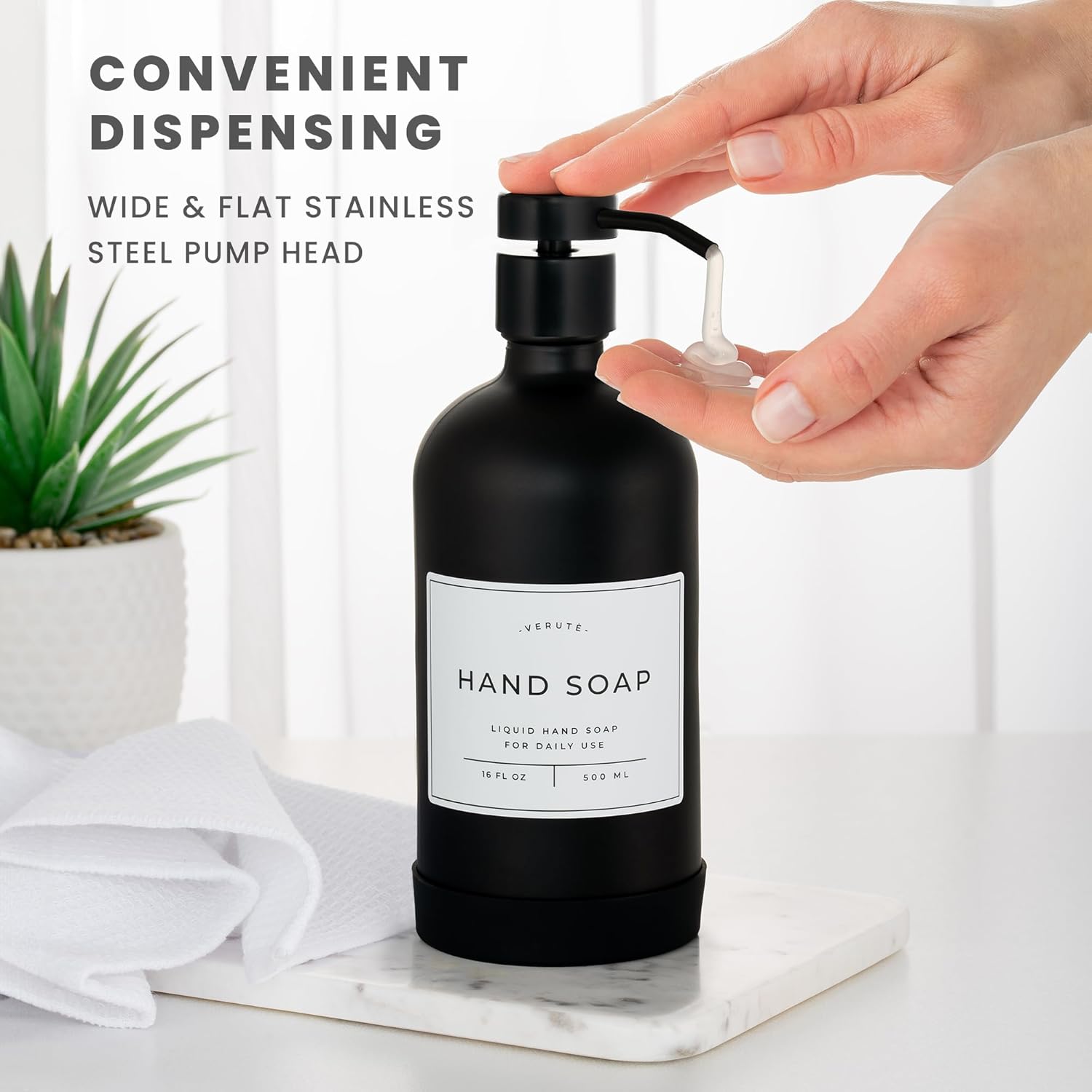 16oz Glass Soap Dispenser with Stainless Steel Pump, 21 Waterproof Labels, Non-Slip Protective
