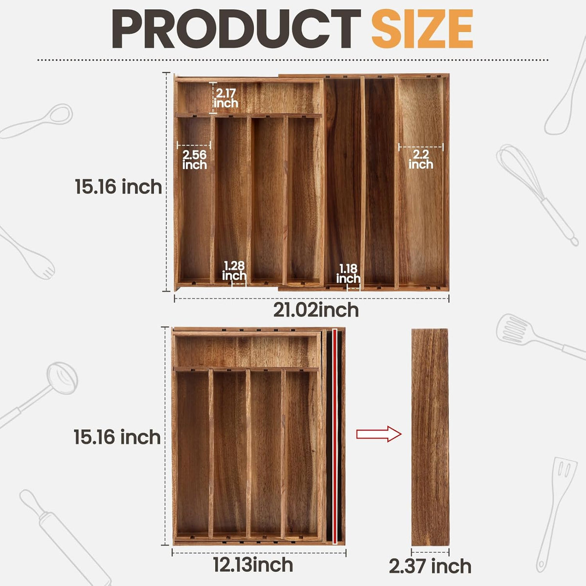 Acacia Wood Silverware Drawer Organizer, 21 Inch Adjustable Cutlery Tray for Kitchen Utensils