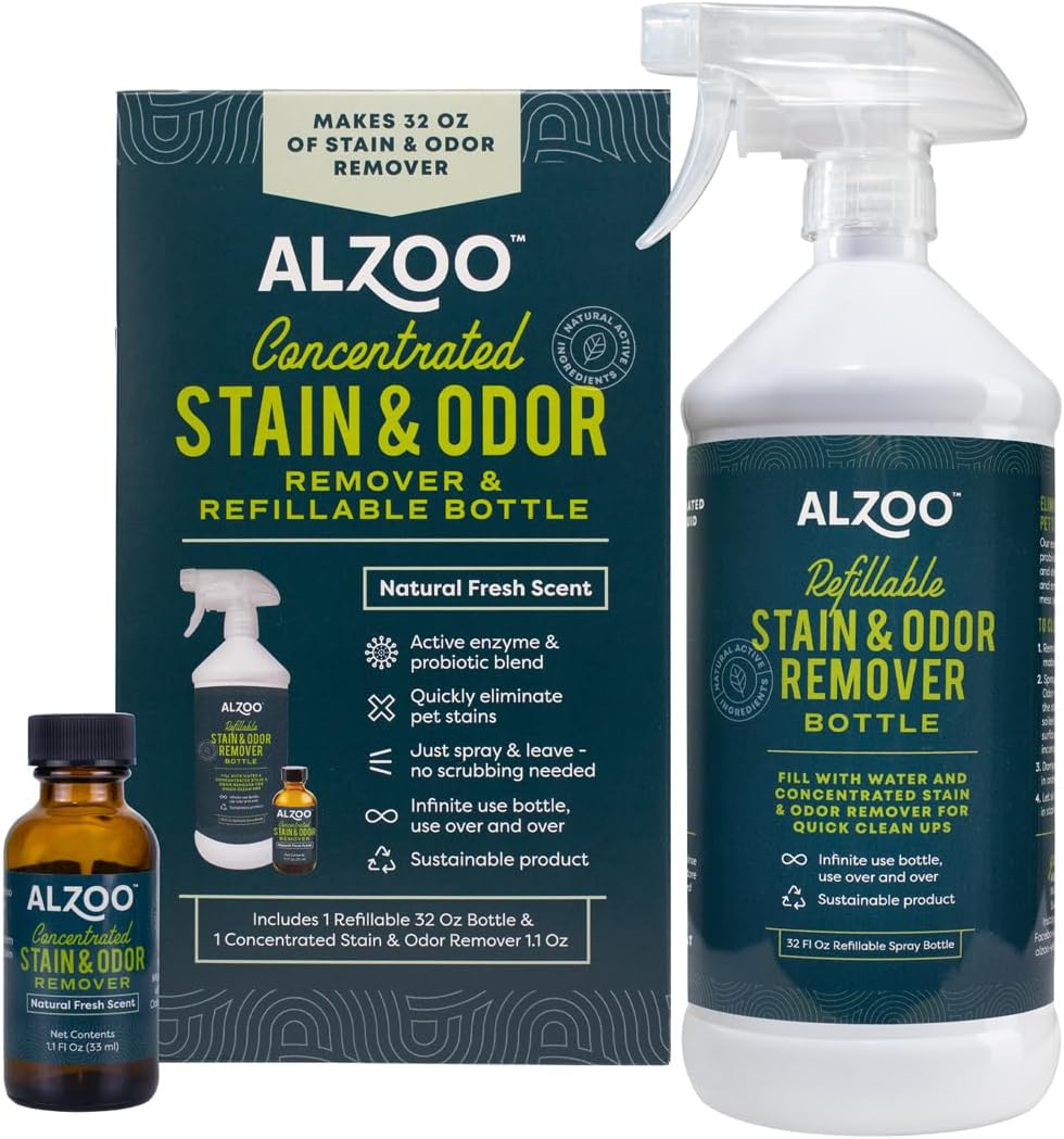 ALZOO Concentrated Stain & Odor Remover Bundle Bottle Set, Includes 32 Fl. Oz Refillable Bottle &