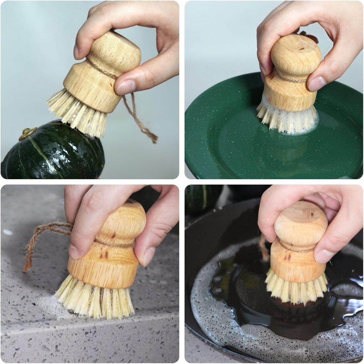 Bamboo Pot & Pan Cleaning Brush Set - 3 Pack Natural Dish Brushes Bamboo Scrub Dish Brushes