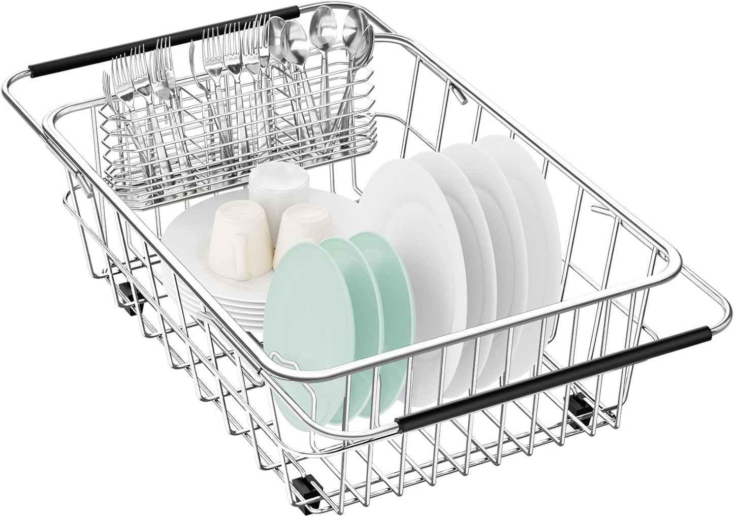 Large Dish Drainer Rack in Sink Adjustable, Expandable 304 Stainless Steel Metal Dish Drying Rack