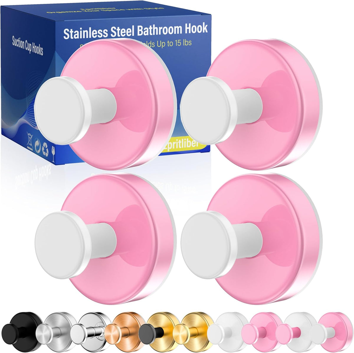 Suction Cup Hooks for Shower,Removable No Drill Towel Hooks,Upgraded 15 lbs Strong Suction hooks