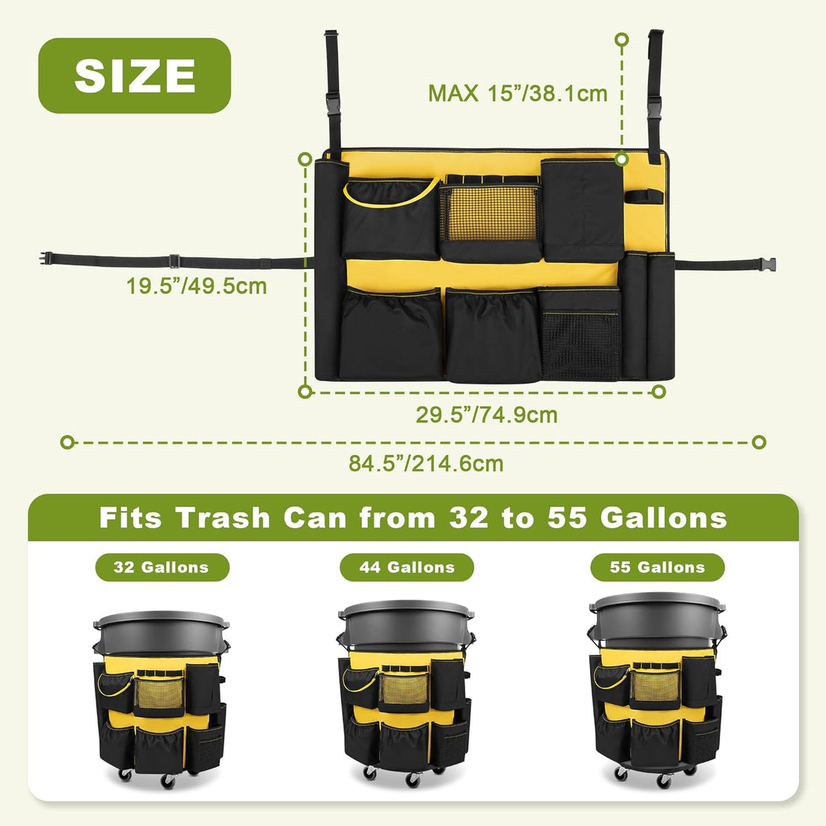 32-55 Gallon Trash Can Caddy Bag, Garbage Bin Apron Caddy with Multiple Pockets for Cleaning