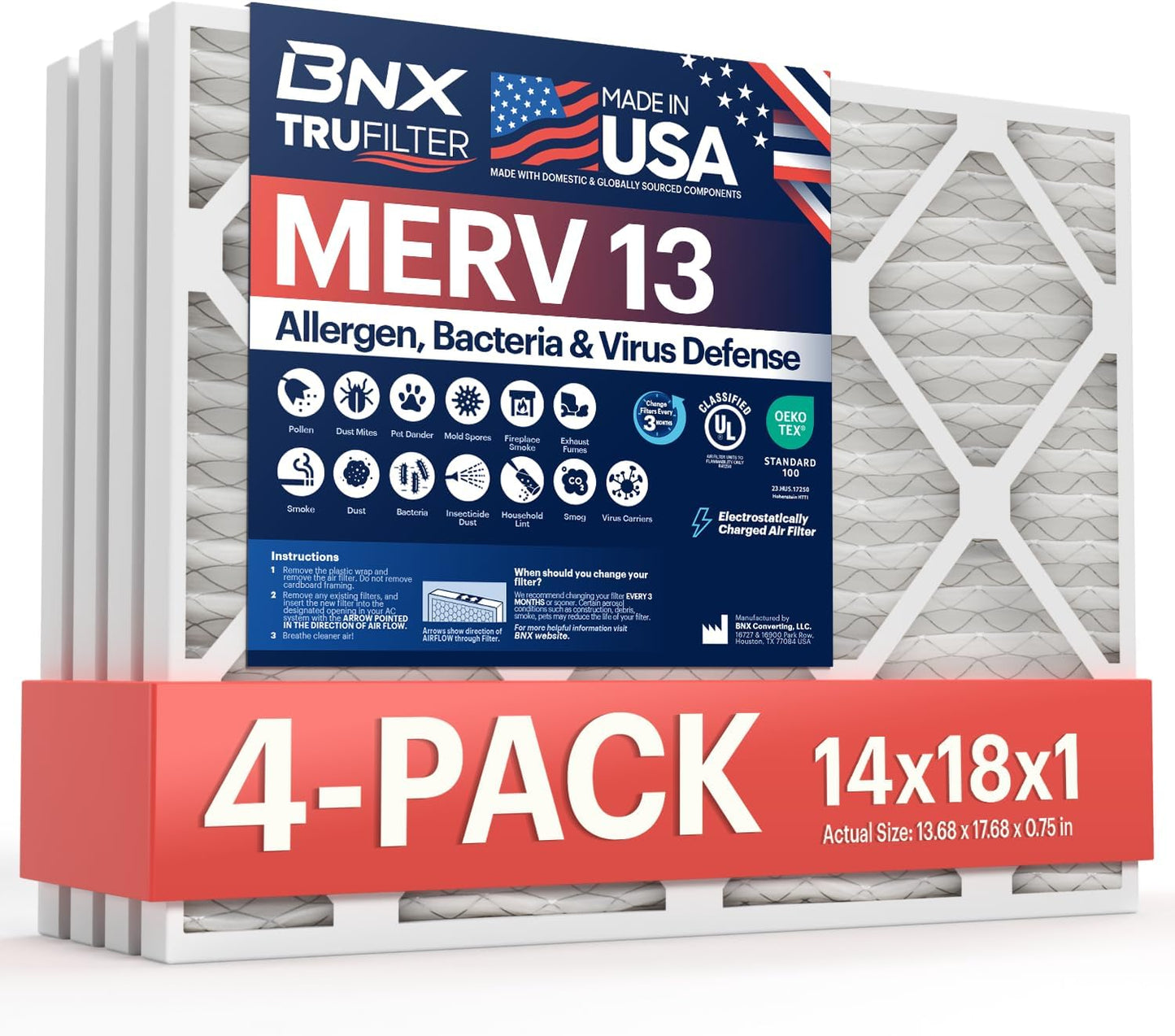 BNX TruFilter 14x18x1 MERV 13 (4-Pack) AC Furnace Air Filter - MADE IN USA - Electrostatic Pleated