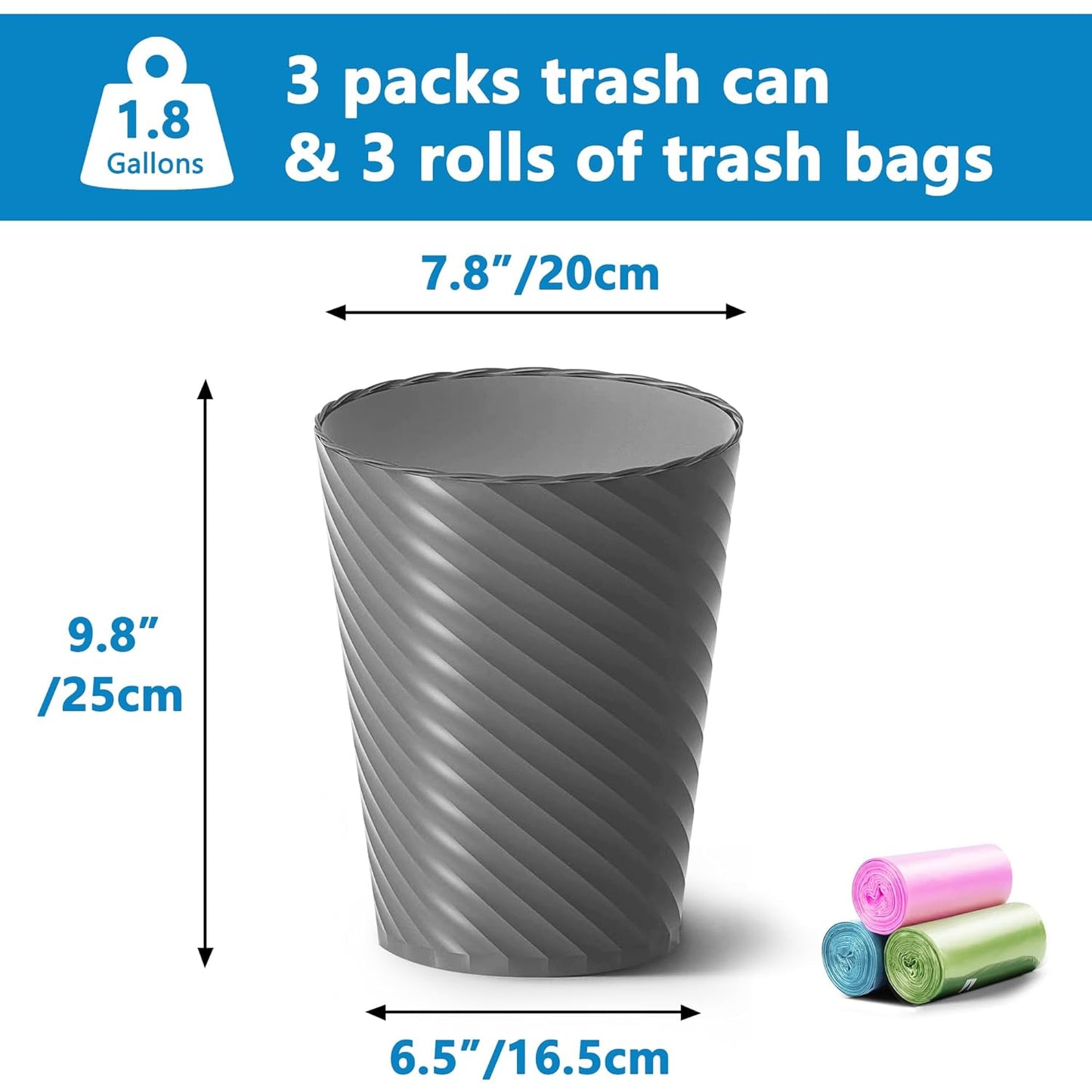 Bathroom Trash Can, 3 Pack 1.8 Gallons Small Trash Can with Trash Bags, Bathroom Garbage Can