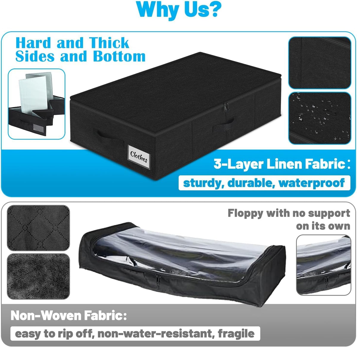 Under Bed Storage Container Bins 2 Pack, Low Profile Foldable Underbed Clothes Storage Organizer W/