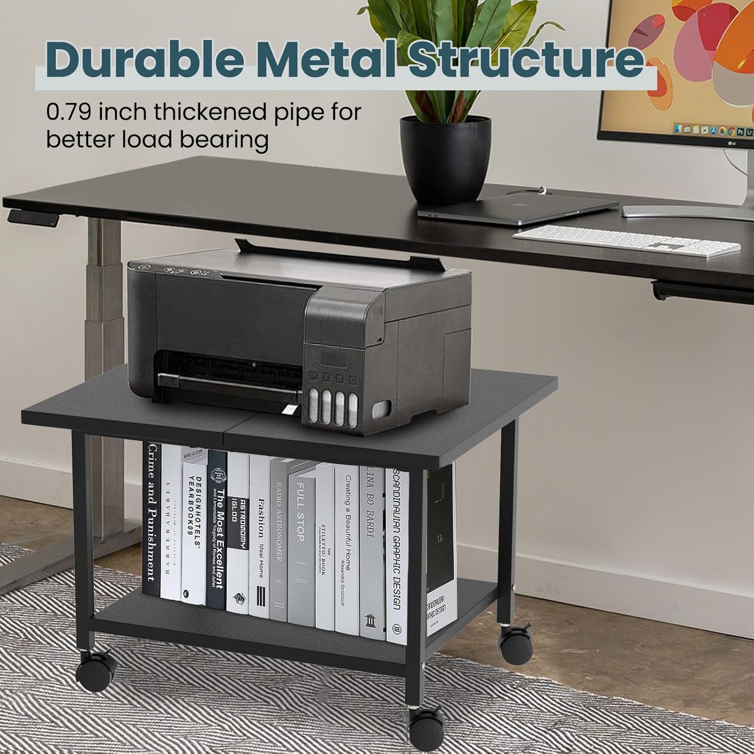 Printer Stand with Storage Under Desk Shelf, Desktop Printer Stand Organizer, Rolling Printer Cart