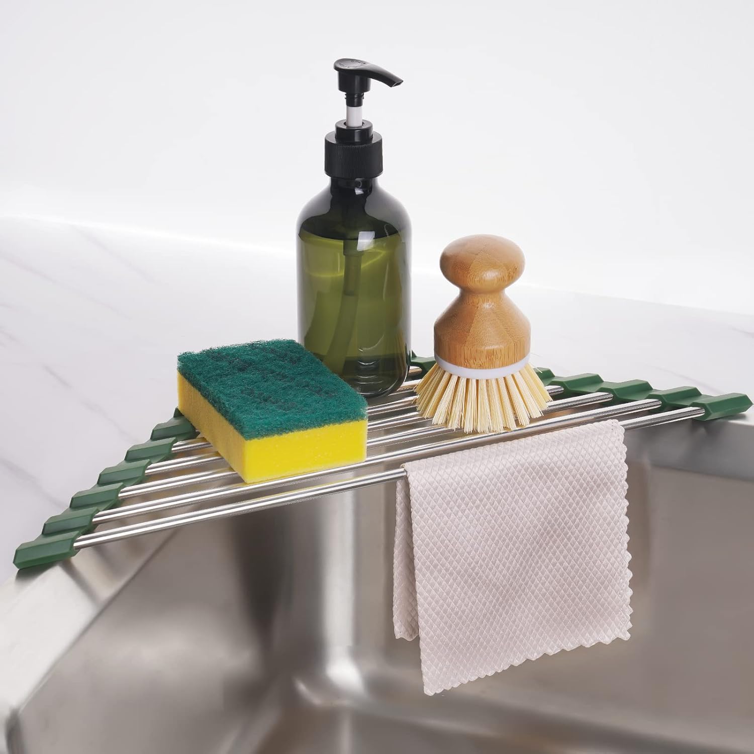 Tomorotec Triangle Roll-Up Dish Drying Rack for Sink Corner Small Foldable Stainless Steel Over The