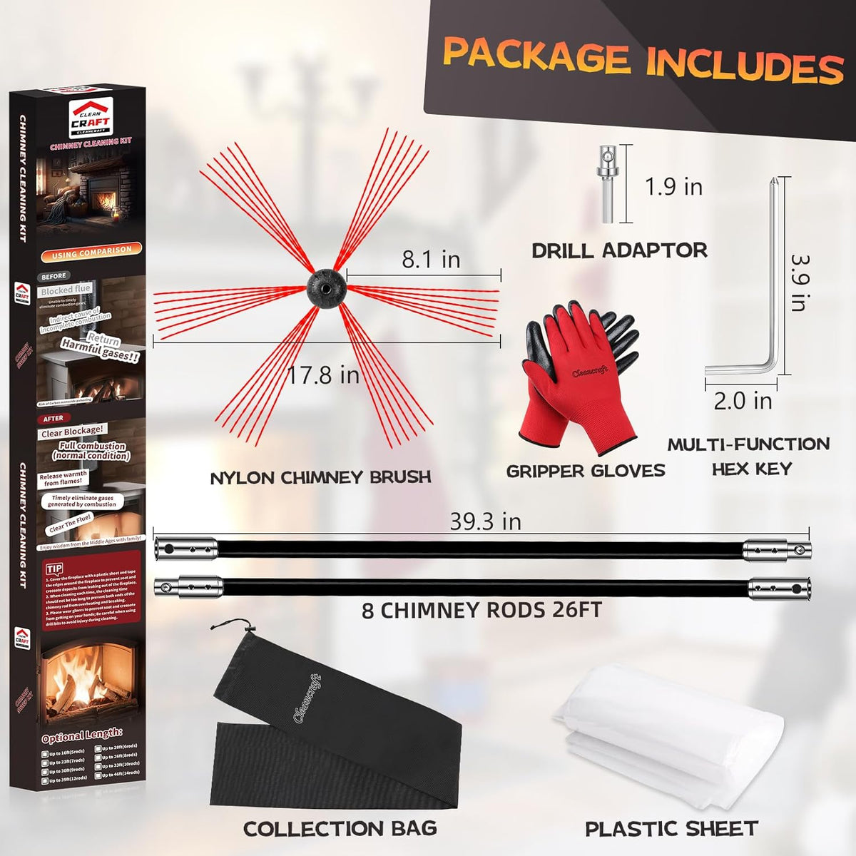 26 Feet Chimney Sweep Kit, Chimney Cleaning Kit with 8 Flexible Black Chimney Rods, Chimney Brush