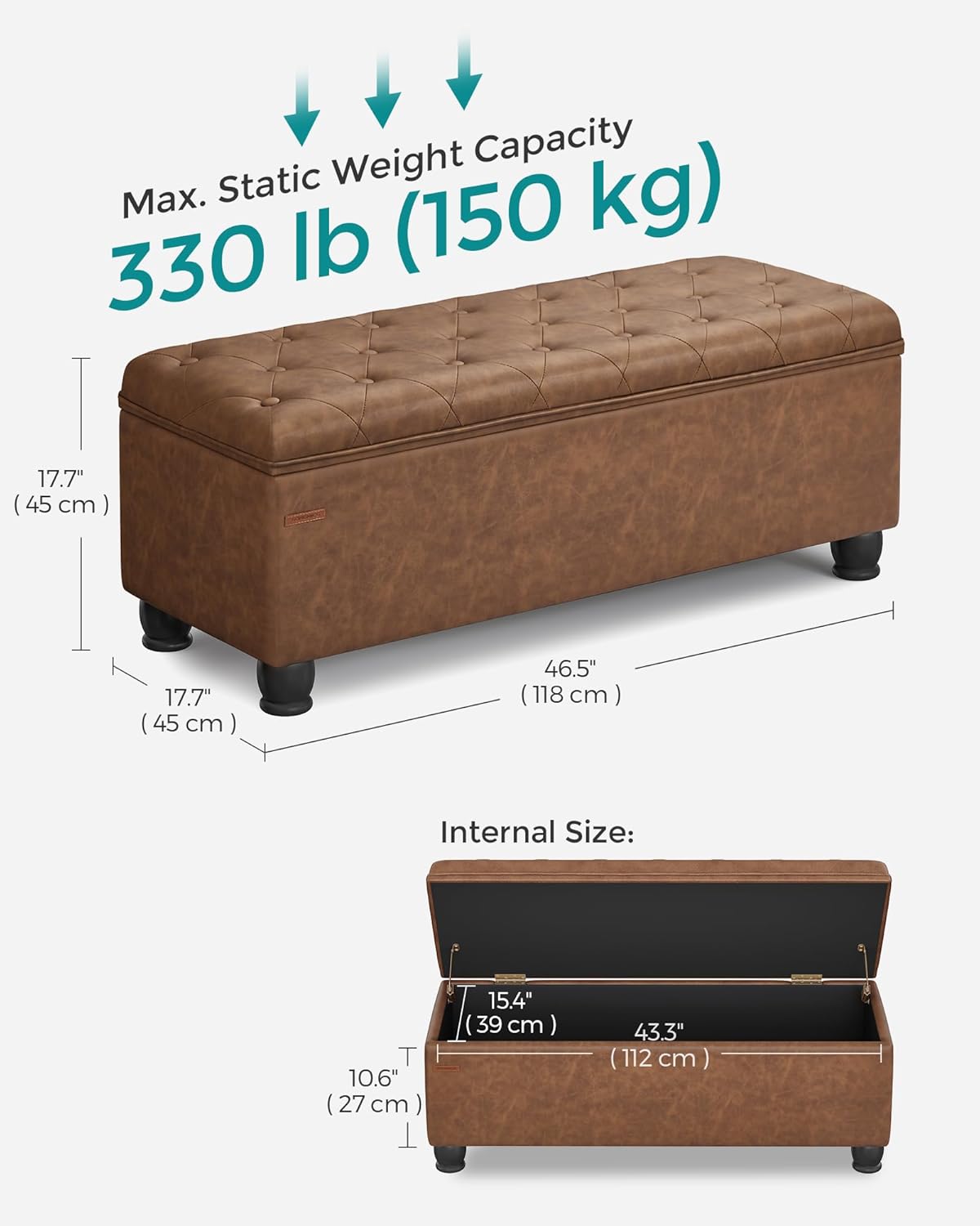 SONGMICS Storage Ottoman, Storage Bench, Tufted Entryway Bedroom Bench, 17.7 x 46.5 x 17.7 Inches