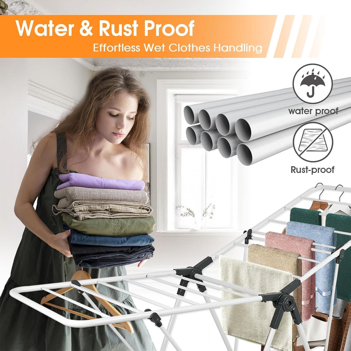 Clothes Drying Rack Foldable, Metal Laundry Drying Rack, with Height-Adjustable Wings, Space