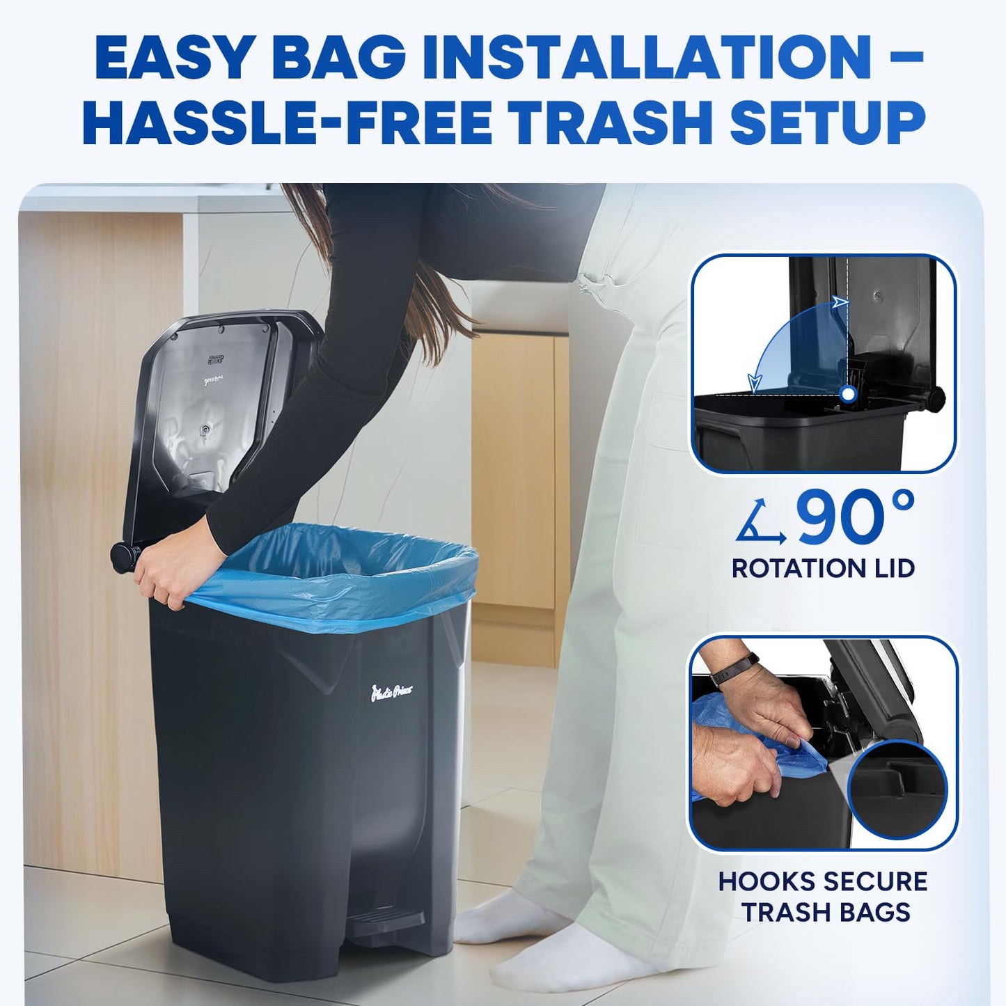 14 Gallon Step-On Trash Can/Container, Black Plastic Dustbin with Lid and Foot Pedal, Hands-Free