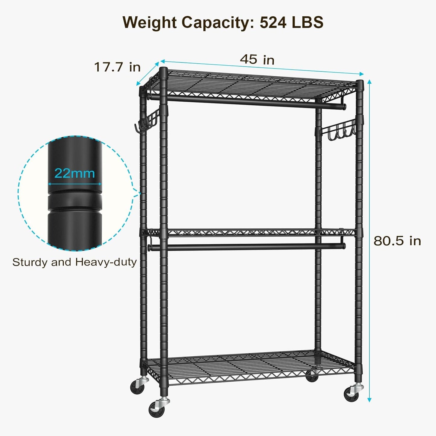 FUTASSI P1 Plus Rolling Clothes Rack, 22mm Diameter Heavy Duty Garment Rack with Wheels, Portable