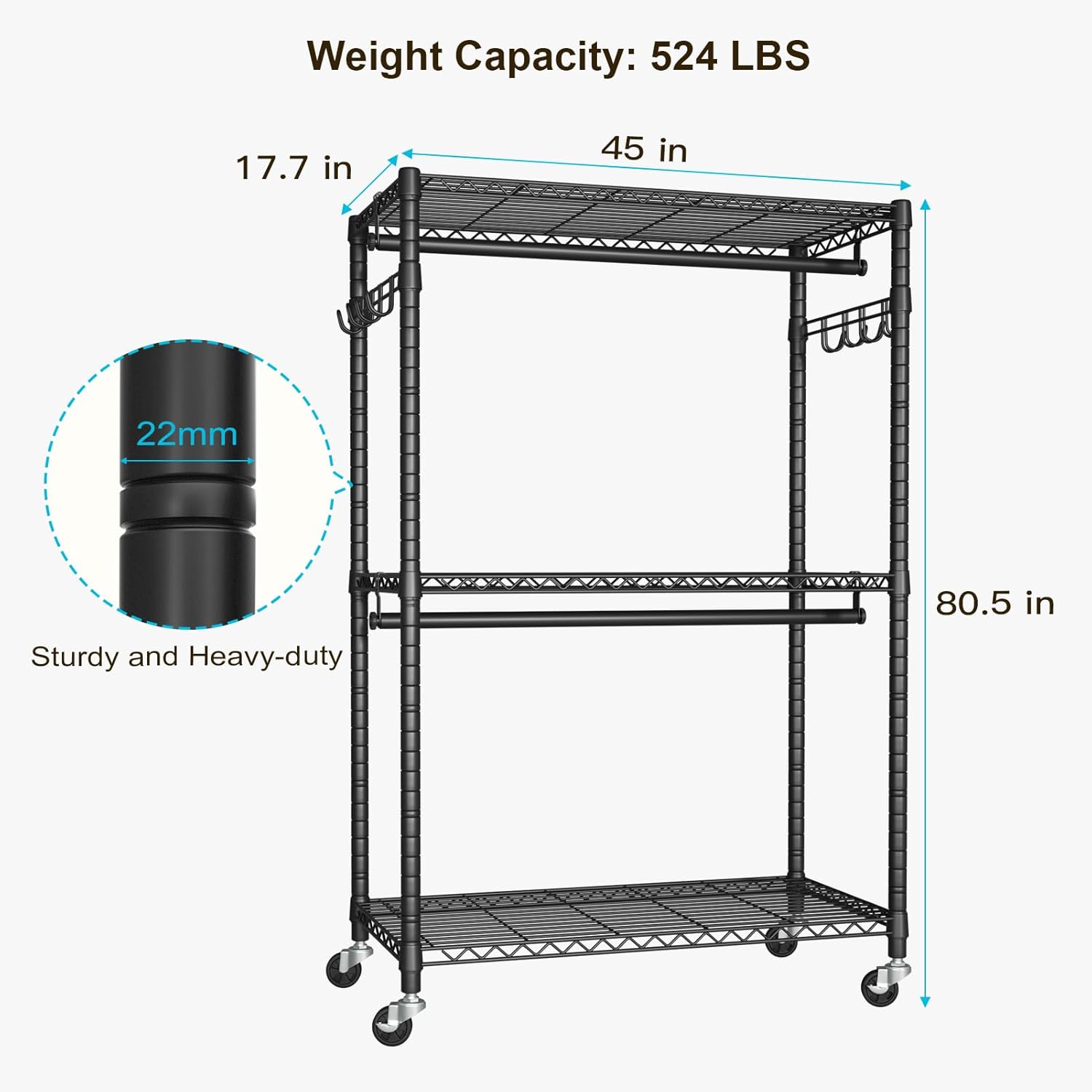 FUTASSI P1 Plus Rolling Clothes Rack, 22mm Diameter Heavy Duty Garment Rack with Wheels, Portable