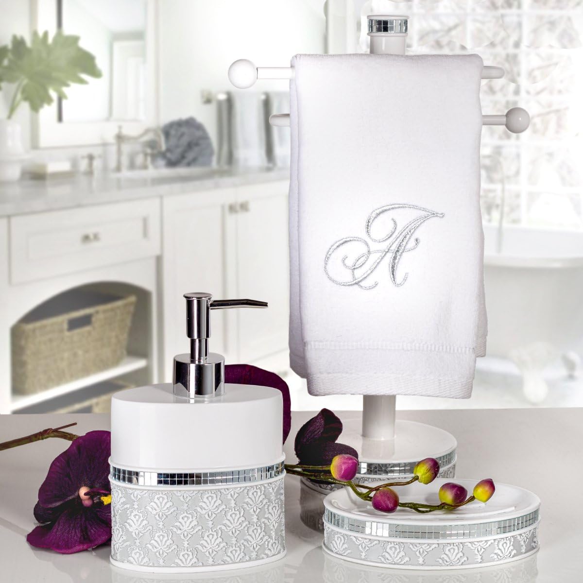 Creative Scents Mirror Damask Grey and White Soap Dispenser, Decorative Hand Soap Dispenser for