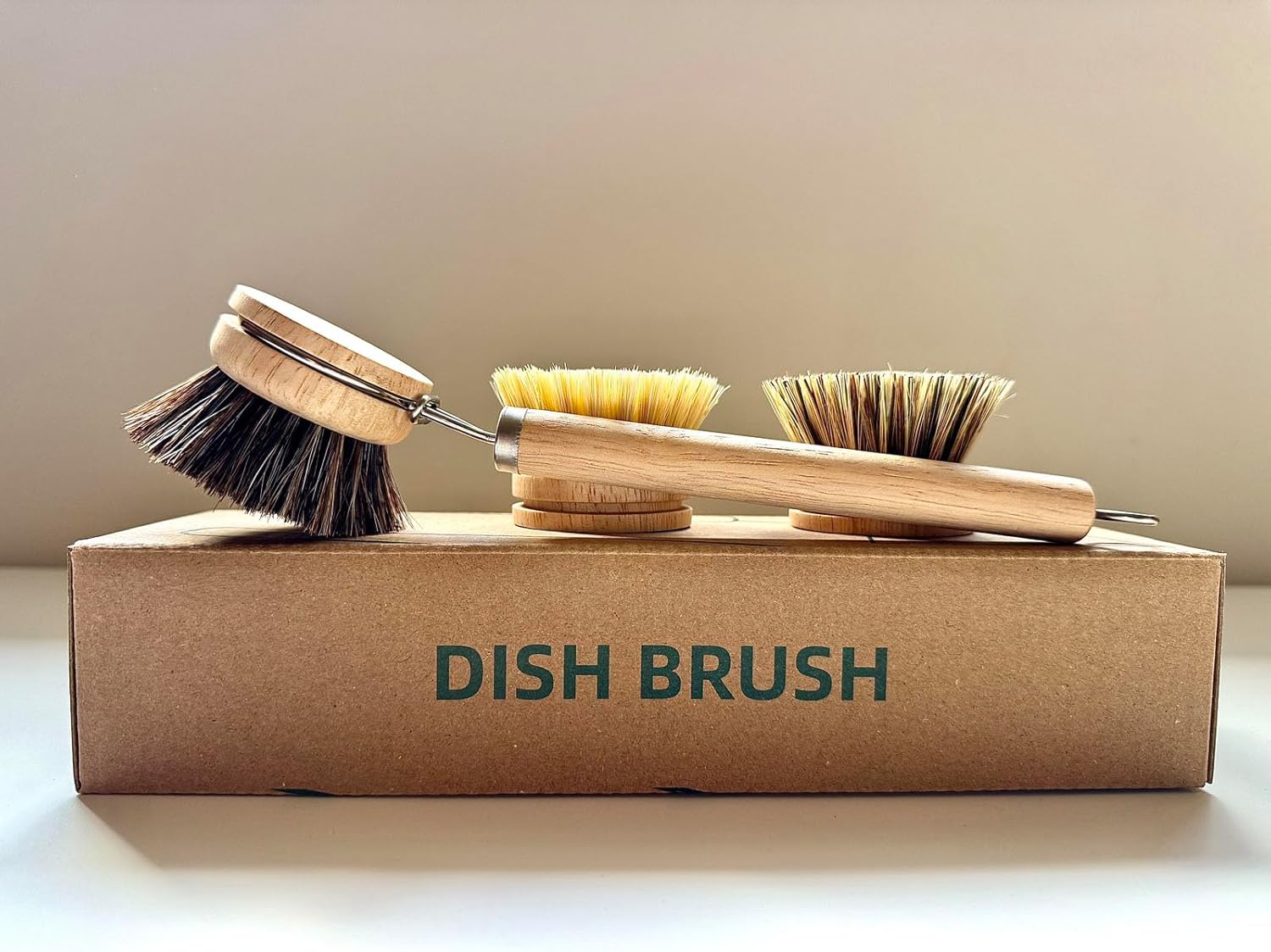 Bamboo Dish Brush with Handle, 1 Sturdy Wooden Handle with 3 Natural Bristle Heads, Horsehair