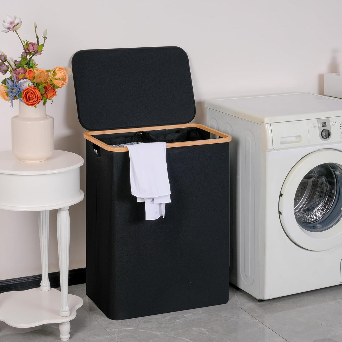 efluky Double Laundry Hamper with Lid, Divided Laundry Hamper with Removable Bags, 2 Section Dirty