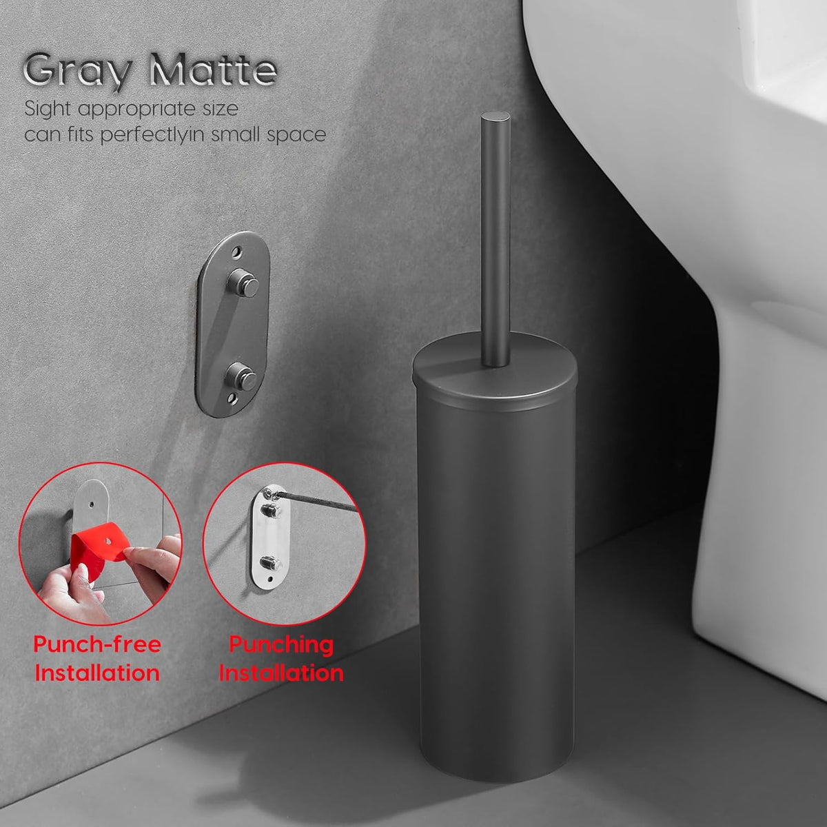 Stainless Steel Toilet Brush and Holder Set, No-Punch Hook Base Dual Purpose Toilet Brush Holder