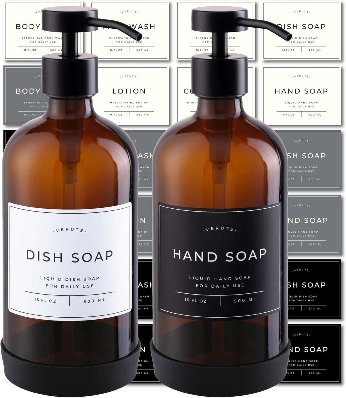 16oz Glass Soap Dispenser with Stainless Steel Pump, 21 Waterproof Labels, Non-Slip Protective