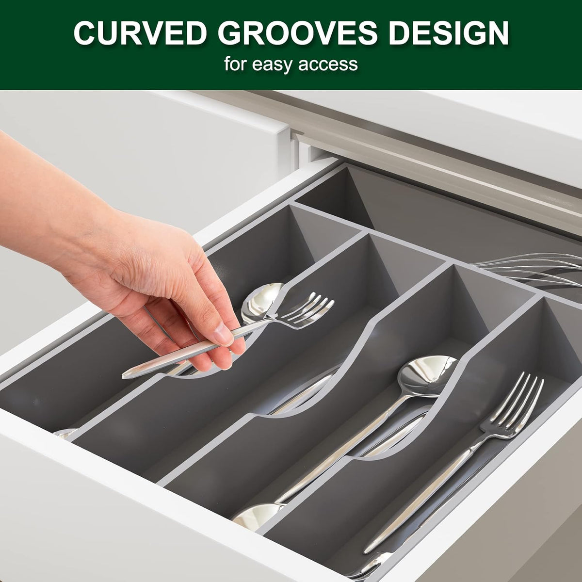 Bellsal Grey Utensil Organizer 10 Inch Silverware Tray for Drawer Utensil Holder Cutlery Organizer