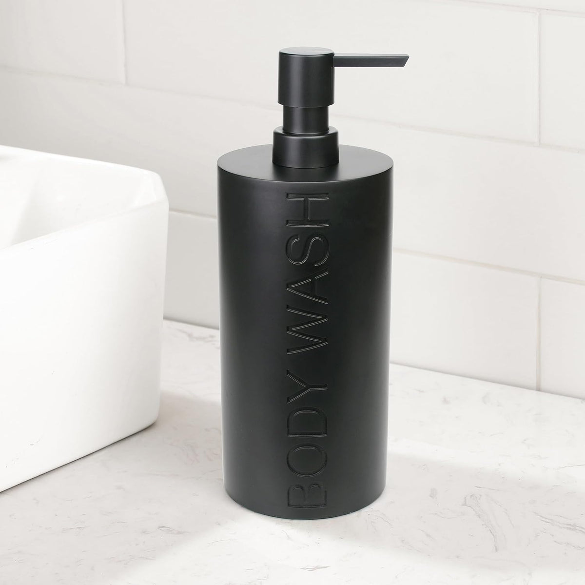 Matte Black Body Wash Dispenser Luxurious Refillable Pump Bottle with Embossed Text, Durable