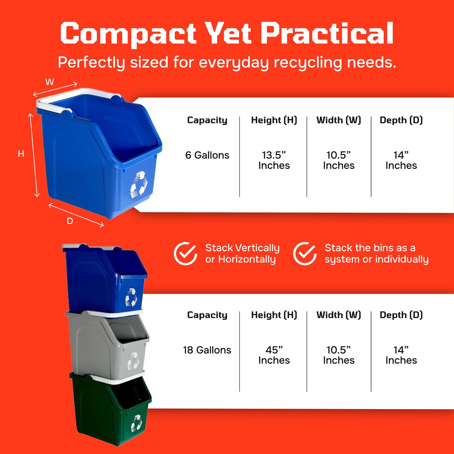 Multi Bin Recycling System with Three Stackable 6 Gallon Recycle Bins to Build Your Recycling