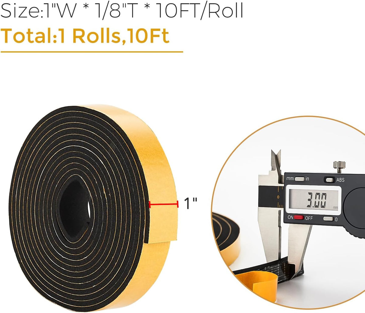 10 Feet Weather Stripping Door Seal, 1" Wide X 1/8" Thick Door Seal Strip High Density Foam Tape