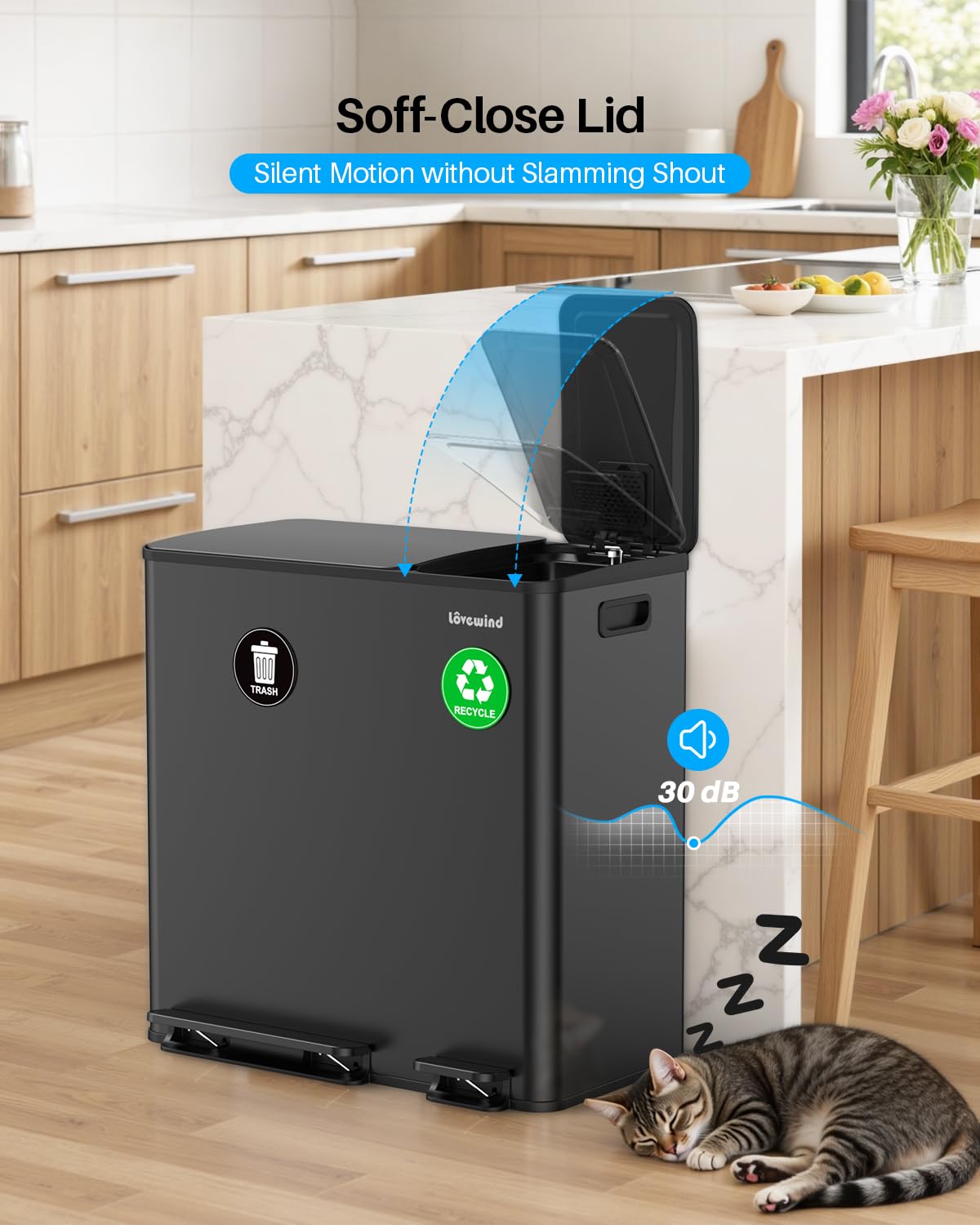 Dual Trash and Recycling Bins for Kitchen, 13.2 + 5.2 Gal (50+20L) Stainless Steel Trash and