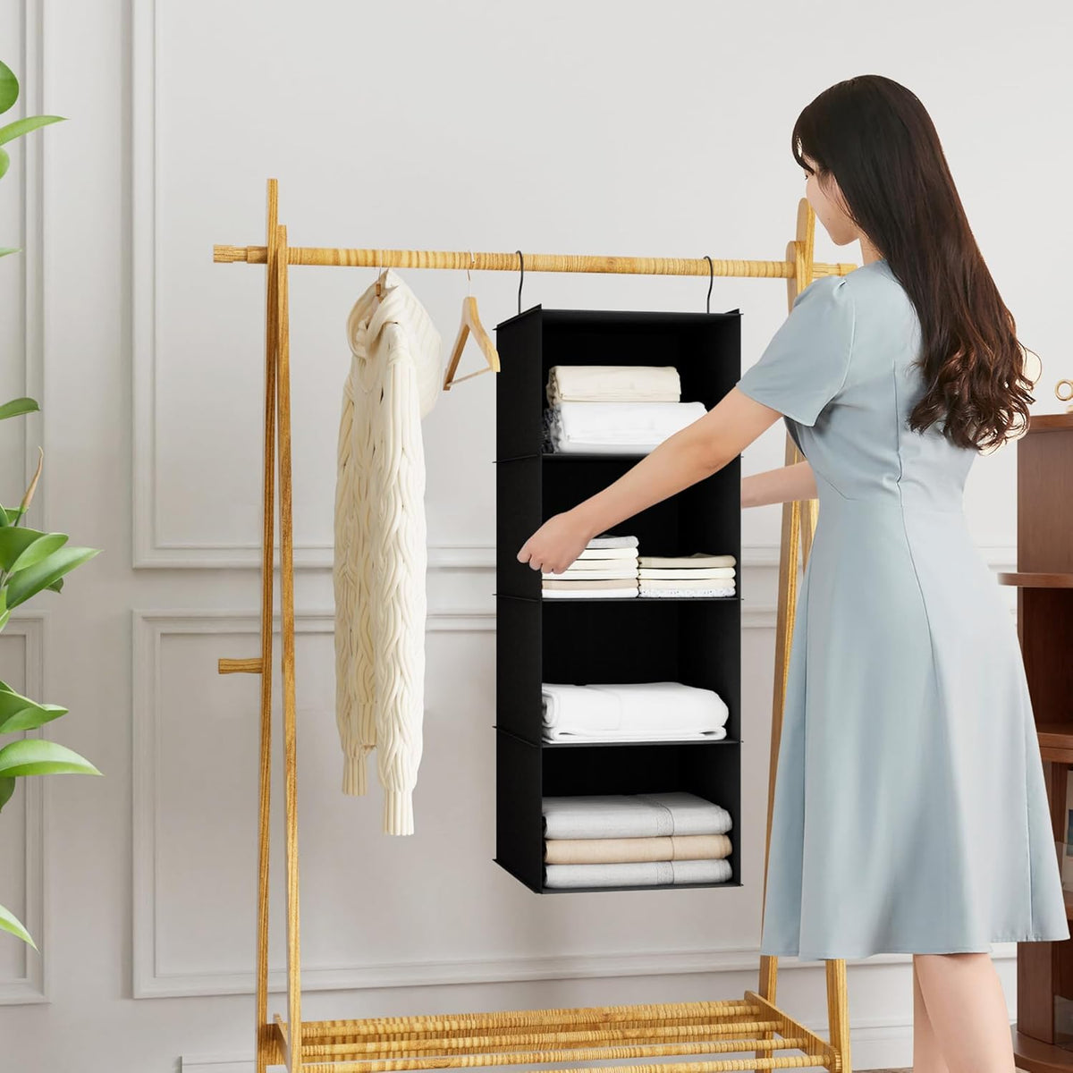 Hanging Closet Organizer, Easy Mount Foldable 4-Shelf Hanging Closet Wardrobe Storage Shelves